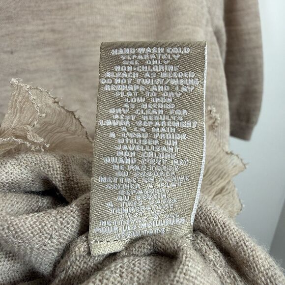 KNITTED & KNOTTED Anthropologie S Beige Wool Cardigan Sweater Cat Eye Ruffles - Picture 10 of 13